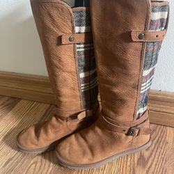 UGG Marielle Tan Leather Plaid-Panel Knee-High Riding Boots- Size 6