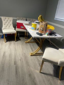 White Marble-Top Dining Table with Gold Base plus 4 chairs