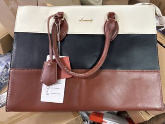 LOVEVOOK 15.6in Laptop Bag 2-Piece Set - Color Block Tote with Clutch, Black Brown Beige