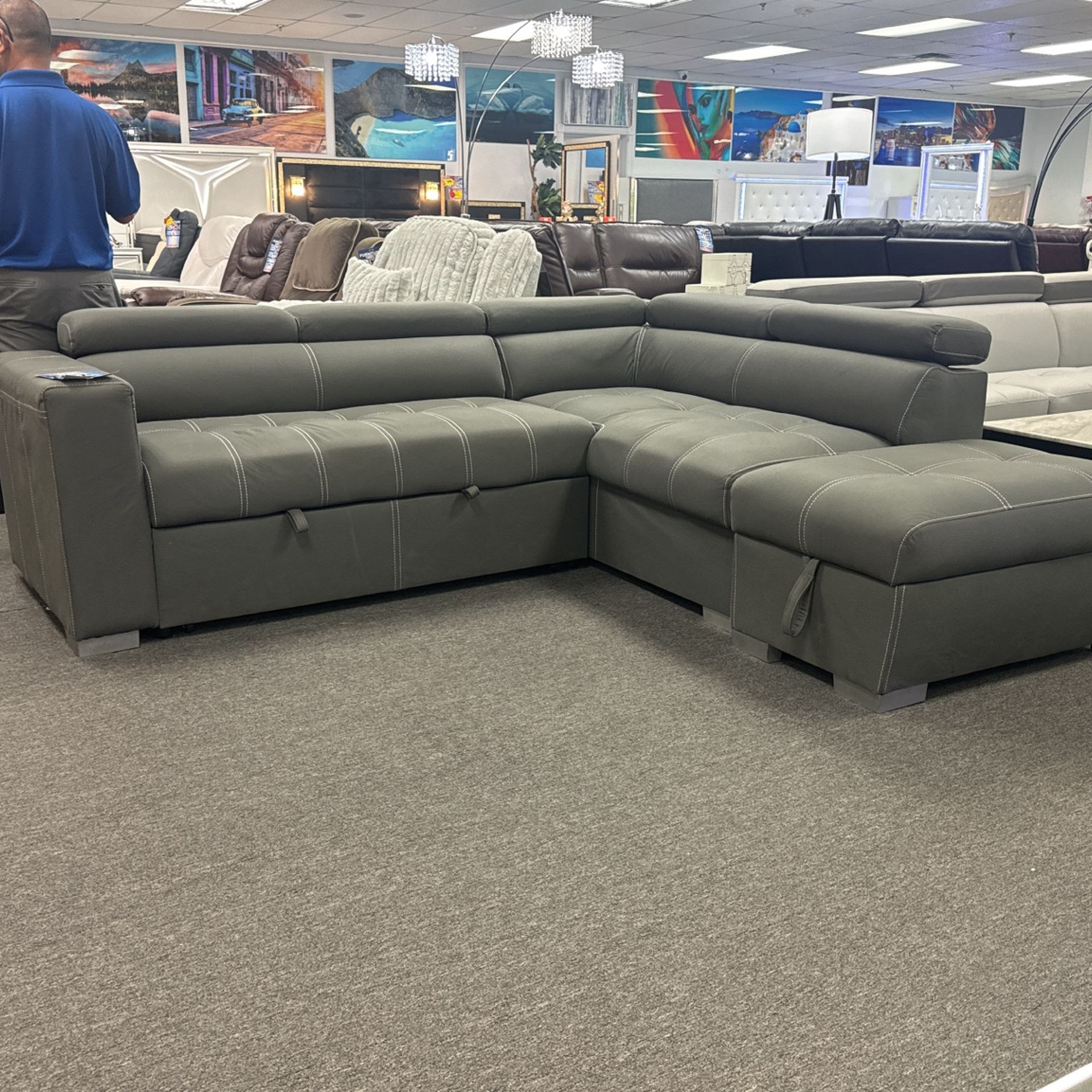 Amazing Offer Now✅Gorgeous Grey Pull Out Sleeper Sectional With Storage Ottoman ✅