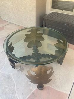 Beautiful Custom Bronze Leaf Round Glass Table 