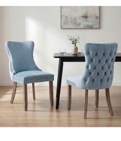 Modern Tufted Upholstered Dining Chairs with Full Back Set of 2, Light Blue Velvet Dining Room Chair with Solid Wood Legs, Sillas de Comedor, Kitchen 