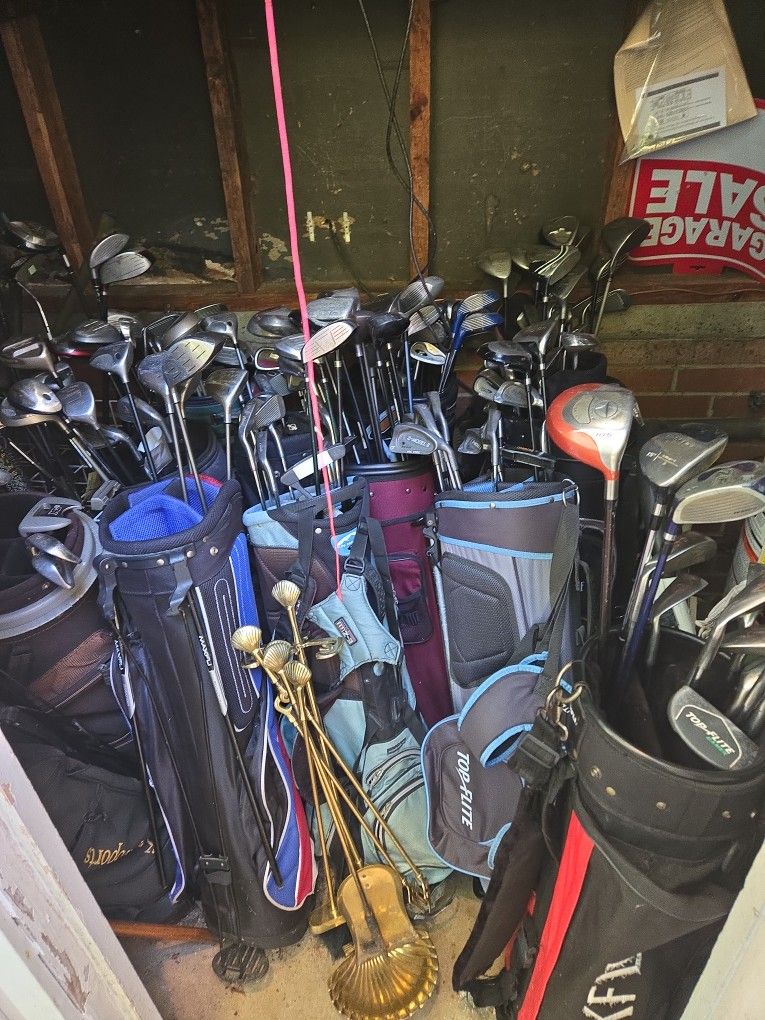 over 12 sets of golf clubs. everything goes lots of extra putters drivers and fairway woods and a brand new top flight bag