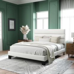 Queen Size White Velvet Upholstered Bed with Wooden Slats, No Box Spring Needed, Easy Assembly.