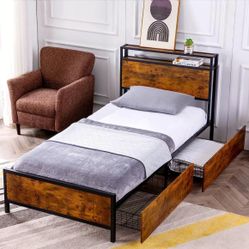 Twin XL Bed Frame with 2 Storage Drawers, Platform Bedframe with Storage Headboard, Strong Metal Slat Support/No Box Spring Needed/Easy Assembly/Space