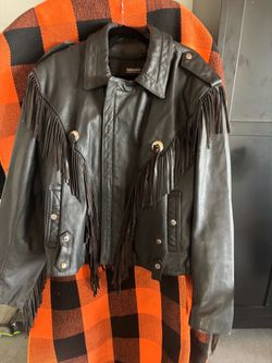 Vintage Biker Leather Motorcycle Jacket Southwestern Fringe Black Concho  jacket,
