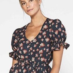 Outerknown Black Red Tan Floral Short Puffy Sleeve Peplum Shirt Top Sz SP