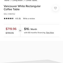 Vancouver White Rectangular Coffee Table