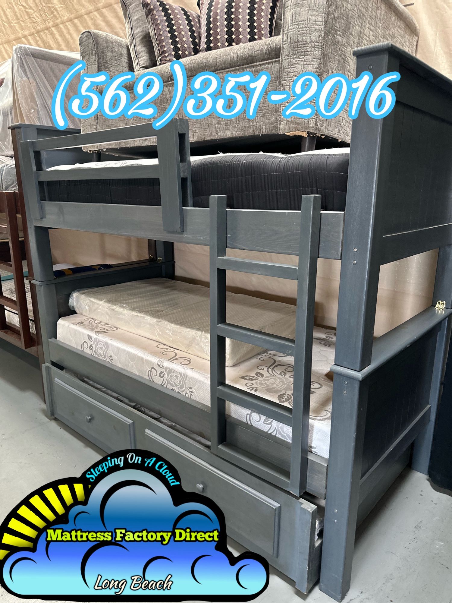 Triple Twin Bunk Bed Grey With Mattresses Trundle