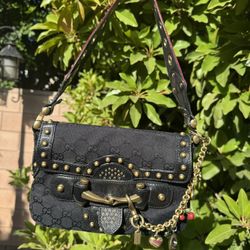 GUCCI Sherry Line GG Canvas Black Horsebit Studs one Shoulder Bag