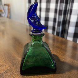 Green Glass Bottle with Cobalt Blue Moon Stopper#7