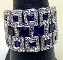 Size 7 14K Gold/Diamonds/Sapphire Heavy Ring NICE