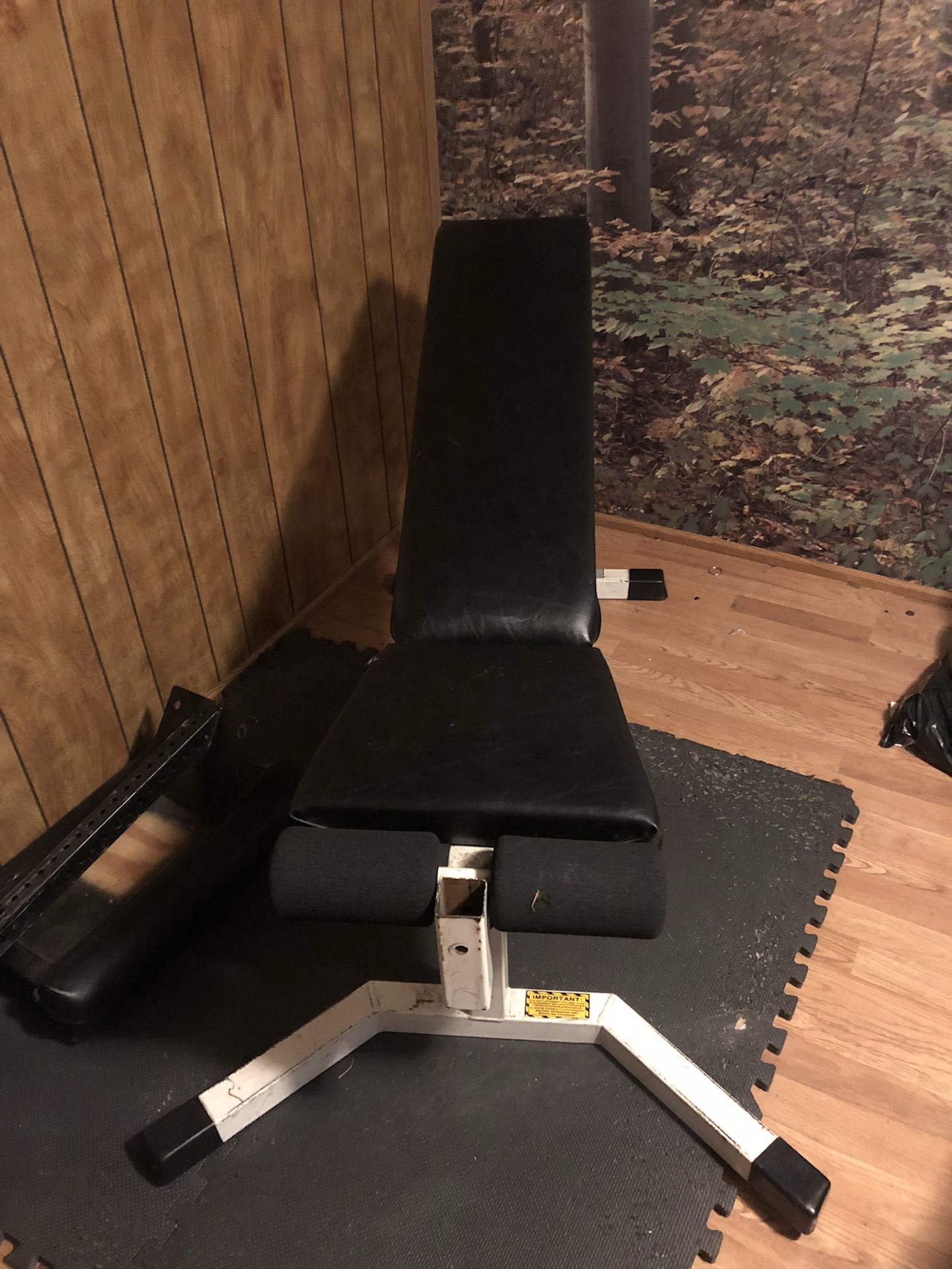 Adjustable workout bench, ab bench, curling bar and various weights