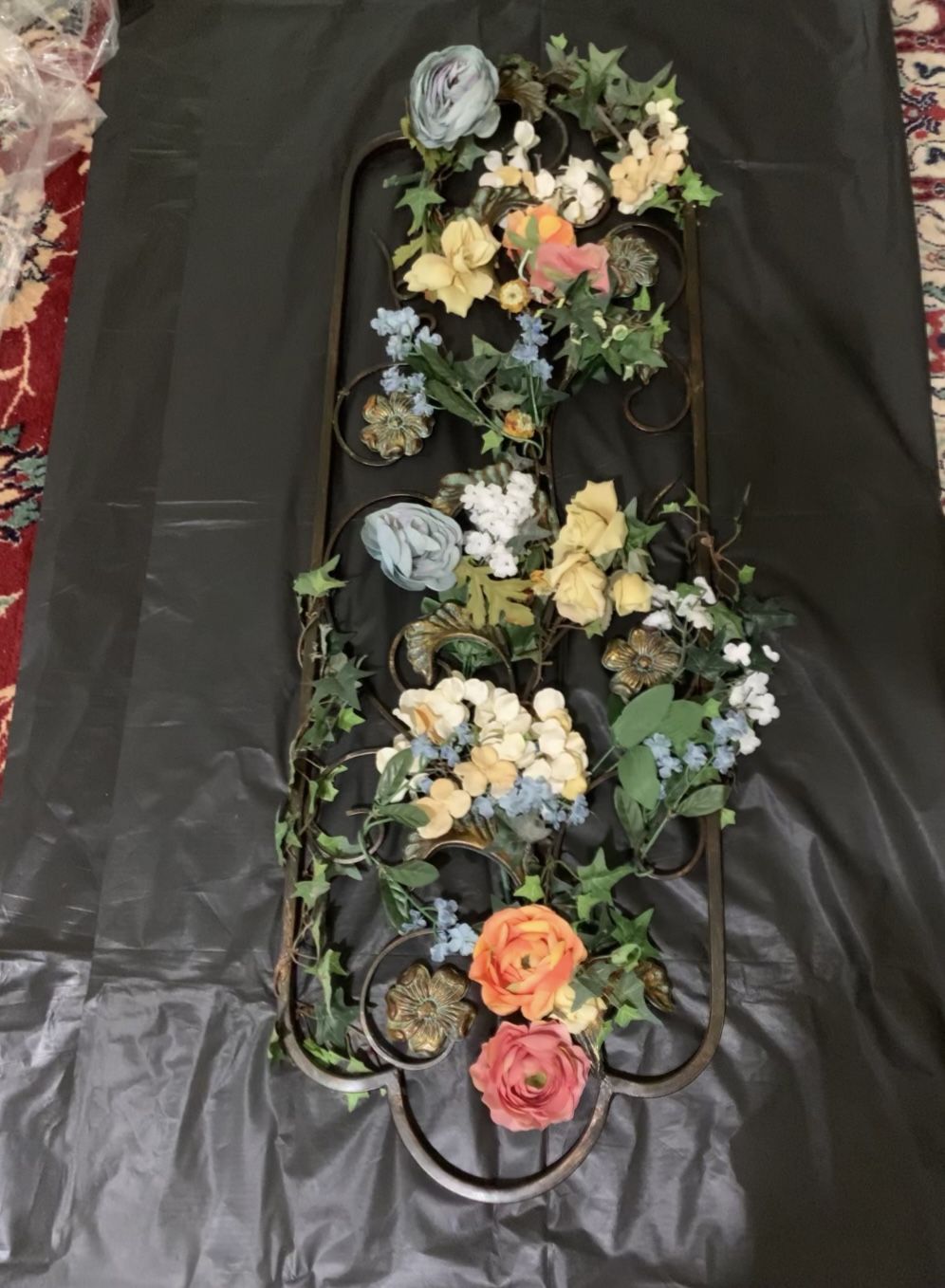 Vintage Metal Wall Plaque with Colorful Artificial Flowers 36”x12” Rustic Decor