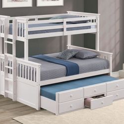 Brand New White Twin Over Full Bunk Bed w Trundle Bed + Drawers 