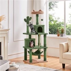 62.5″ H Cactus Cat Tree, Cat Furniture with Natural Sisal, Cat Tower with Padded Perch, 2 Condos, 1 Hammock, Scratching Posts & Dangling Ball Cat Furn