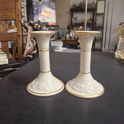 Lenox 1989 "Fruits Of Life" Fine Ivory Porcelain Pair Of Candlesticks W/24K Gold Trim 5.5"H SEE DESCRIPTION