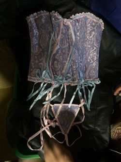 Blue Brocade Corset and Thong Set