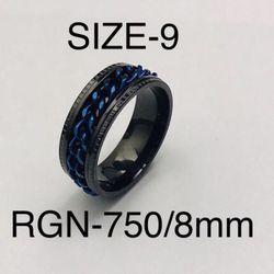 Stainless Steel Blue Color Chain Spinner Ring Band: Size-9/RGN-750