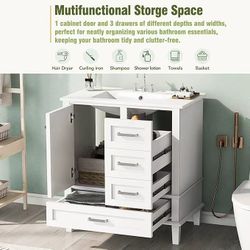 36" Modern Bathroom Vanity with Sink Combo Set, Solid Wood Frame Bathroom Storage Cabinet with a Soft Closing Door and 3 Drawers, White