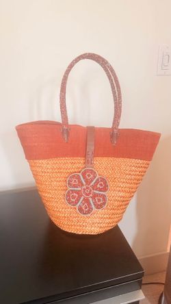 Woven Resort / Beach Tote with Beaded Handles & Flower Detail