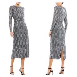 Gray Embellished High Neck Long Sleeve Fitted Dress Style 
