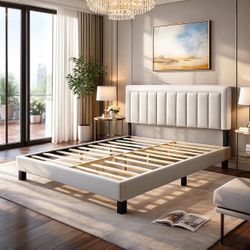 Brand New Modern Upholstered Queen Bed Frame with Vertical Panel Headboard – White | Wooden Slats, No Box Spring Needed, 600 lbs Capacity