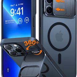TORRAS Magnetic for iPhone 15 Pro Max Case with Camera Cover Lens Stand, [Fit for MagSafe] [4X Mil-Grade Protection] [ [360° Spin Kickstand] Shockproo