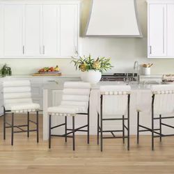 26" Beige Fabric Upholstered Counter Height Bar Stool Black Metal Legs Counter Stools w/ Tufted Back & Cushion Set of 4