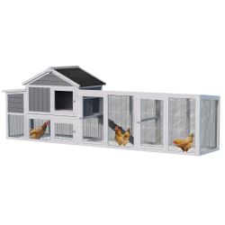 113.5 Gray Large Wooden Chicken Coop Outdoor Hen House with Run, Waterproof Anti-UV Panel & Nesting Box, Secure Lock, Removable Tray for 2–4 Chickens 