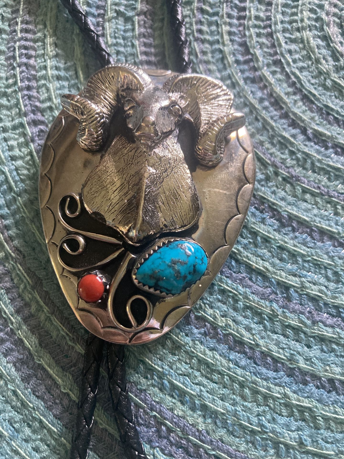Southwest Native American Style Nickel Silver Ram Real Turquoise Coral Bolo Tie