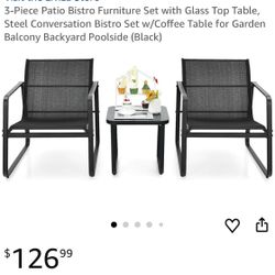 3-Piece Patio Bistro Furniture Set with Glass Top Table, Steel Conversation Bistro Set w/Coffee Table for Garden Balcony Backyard Poolside (Black) #B8