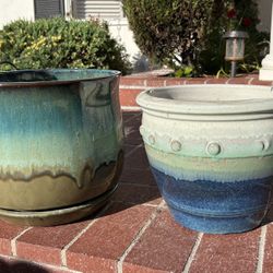 Lot of 2- Glazed Ceramic Decorative Planter Blue Flower Pots Planters Tree Succulent Cactus Garden Decor Small Medium Glazed Drip