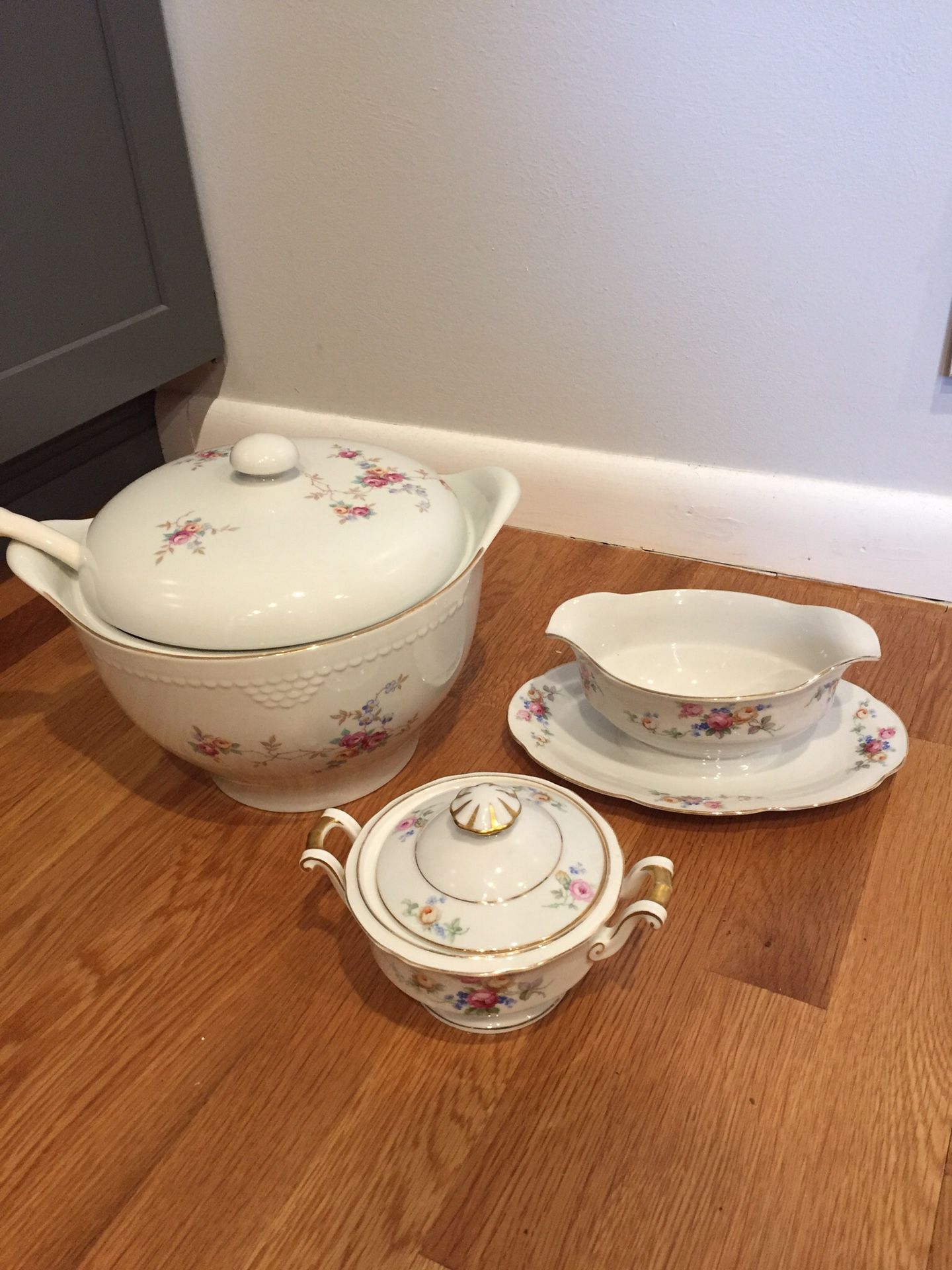 3 Pieces of Bavaria Tirschenreuth Germany China. Soup tureen, sugar bowl, gravy boat