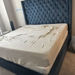 Blue Velvet Rhinestone King Bed