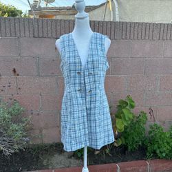 Blue Plaid Tweed Longline Vest | Sleeveless Cover Up | Pockets
