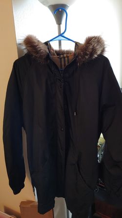 Burberry hooded fur long coat with belt