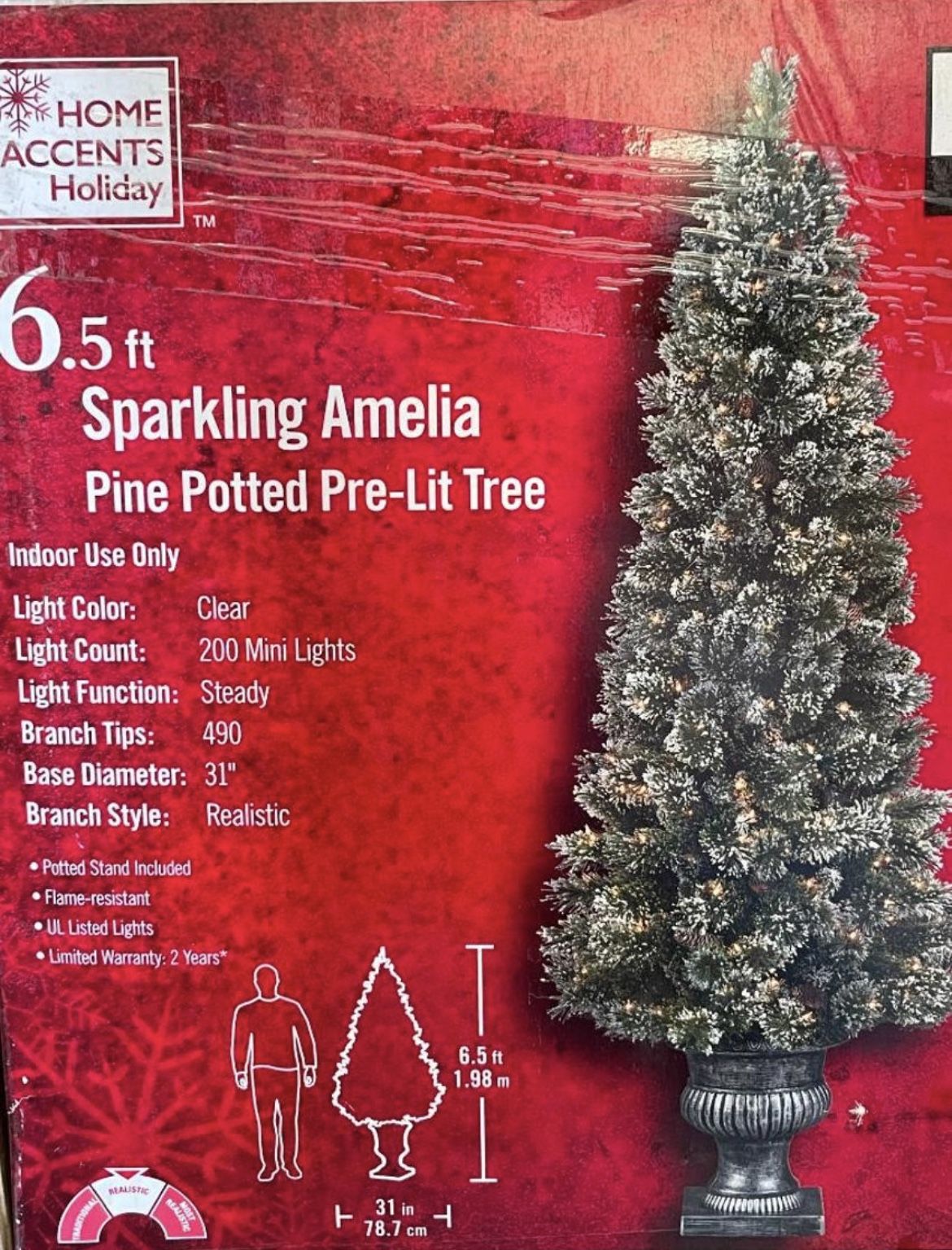 6.5ft Sparkling Amelia Pine Potted Pre Lit Christmas Tree with clear lights - NEW