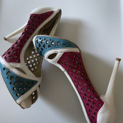 Vintage Women’s Size  7 Women’s Color Block Cutout High Heel Pumps Pink, Teal & White 