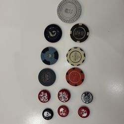 Fallout poker chips, bottle caps and pins