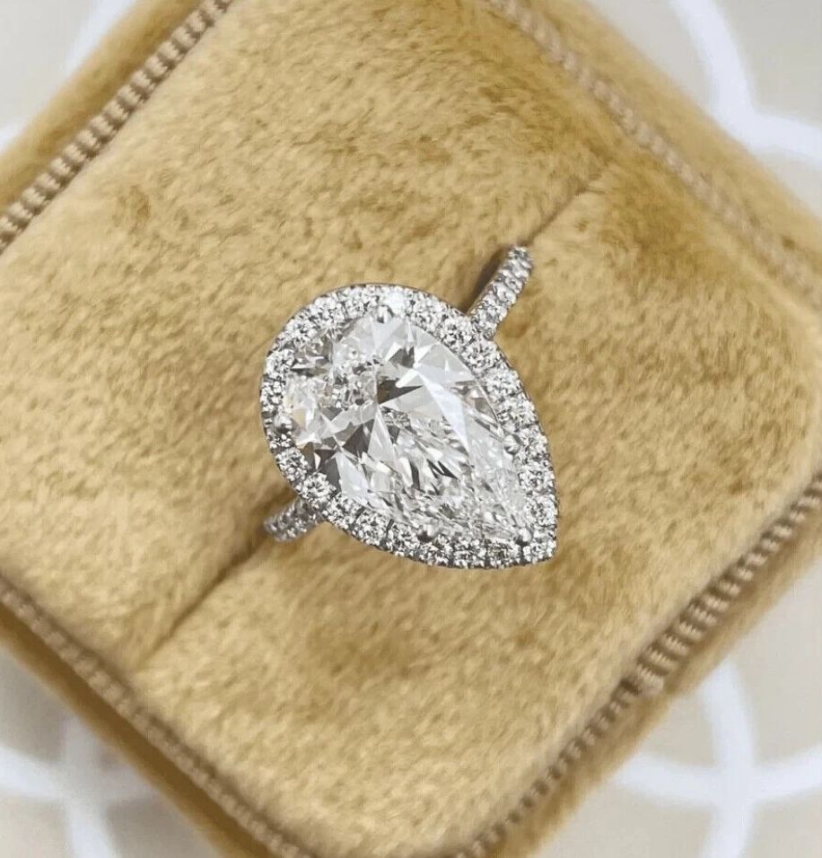 3.86Tcw Pear Cut Lab Grown Diamond/CVD Halo Ring 14k White Gold