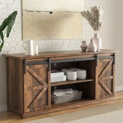 58 in. Rustic Oak Composite TV Stand Living Room Hub Fits TVs up to 65 in. w/ Sliding Barn Door and Adjustable Cabinets $120