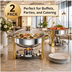 2-Pack 5QT Round Stainless Steel Chafing Dish Set with Glass Lids
