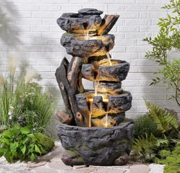 47.2" H Large Water Fountain Outdoor - 5 Tiers Cascade Floor Standing Rock Wood Like Waterfall Fountain with LED Lights for Garden Patio Backyard Porc