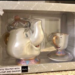 Disney Parks Original Ceramic Mrs. Potts Teapot and Chip Cup w/ Saucer