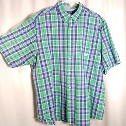 Chaps Mens Easy Care Short Sleeve Button Up Shirt Sz XL  Blue Green Plaid Check