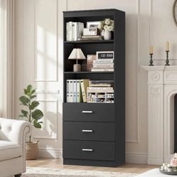 Bookshelf with 3 Drawers, 6 Tier Freestanding Tall Storage Cabinet, Modern Cabinet, Curio Cabinet
