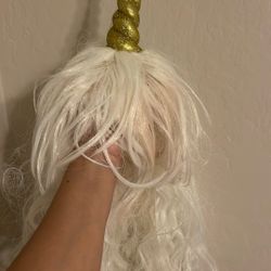 White Wig With Gold unicorn Horn