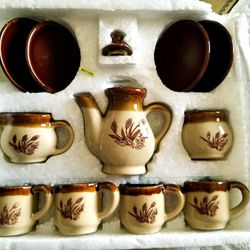 12 Piece Stoneware Toy Tea Set Service Wheat And Floral Pattern Vintage.