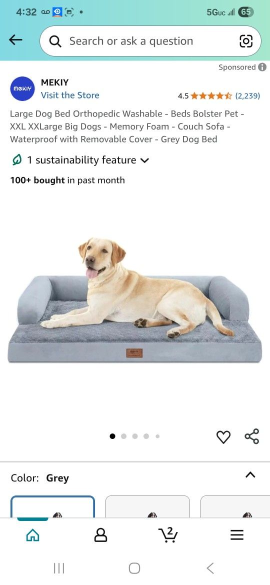 Large Dog Bed Orthopedic Washable - Beds Bolster Pet- XXL XXLarge Big Dogs - Memory Foam - Couch Sofa - Waterproof with Removable Cover - Grey Dog Bed